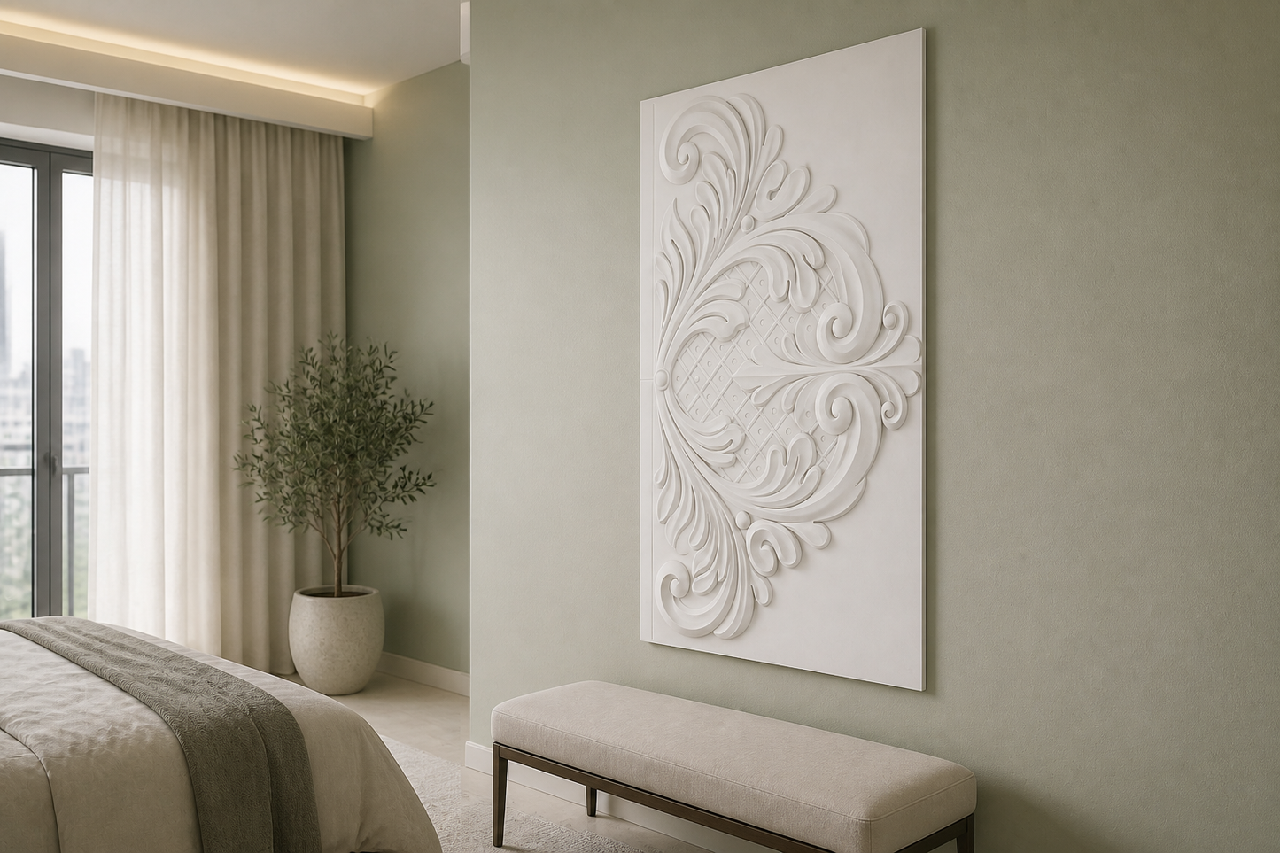Lattice Flourish white Corian wall panel right angle in sophisticated Mumbai bedroom lounge with pale sage wall