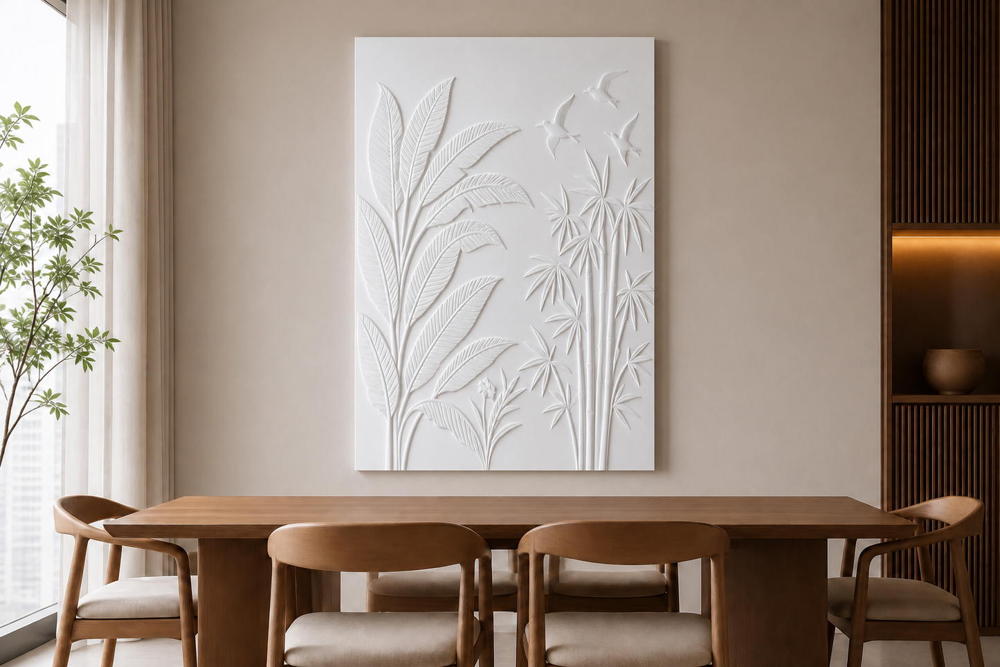 Bamboo Canopy Flight white Corian wall panel front view in luxury Mumbai dining room with warm putty wall and teak table