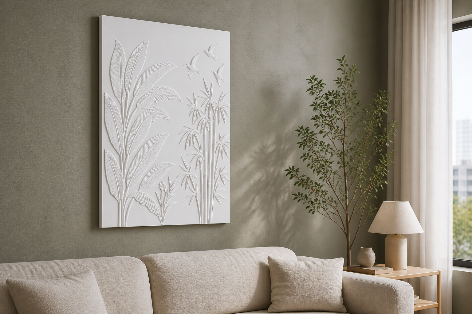 Bamboo Canopy Flight white Corian wall panel left angle in relaxed contemporary Mumbai living room with olive-grey wall