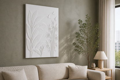 Bamboo Canopy Flight white Corian wall panel left angle in relaxed contemporary Mumbai living room with olive-grey wall