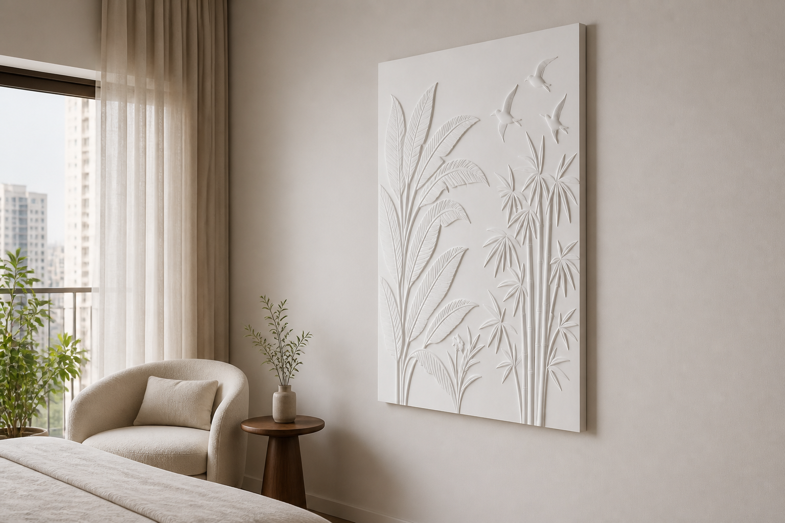 Bamboo Canopy Flight white Corian wall panel right angle in serene Mumbai bedroom sitting area with off-white wall