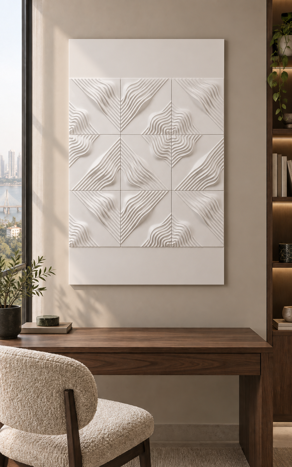 Chevron Tide Matrix Corian wall panel, front view in a Worli home study