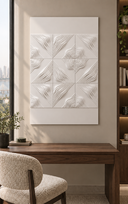 Chevron Tide Matrix Corian wall panel, front view in a Worli home study