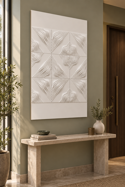 Chevron Tide Matrix Corian wall panel, left view in a Mumbai entrance foyer