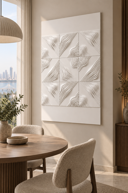 Chevron Tide Matrix Corian wall panel, right view in a Mumbai dining nook