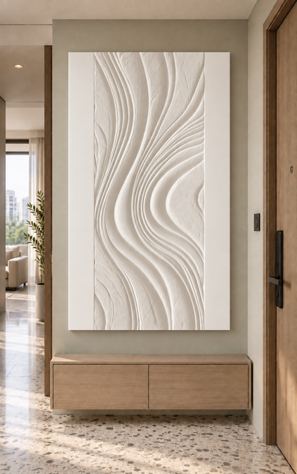 Strata Sway Channels Corian wall panel, front view in a Bandra entrance foyer
