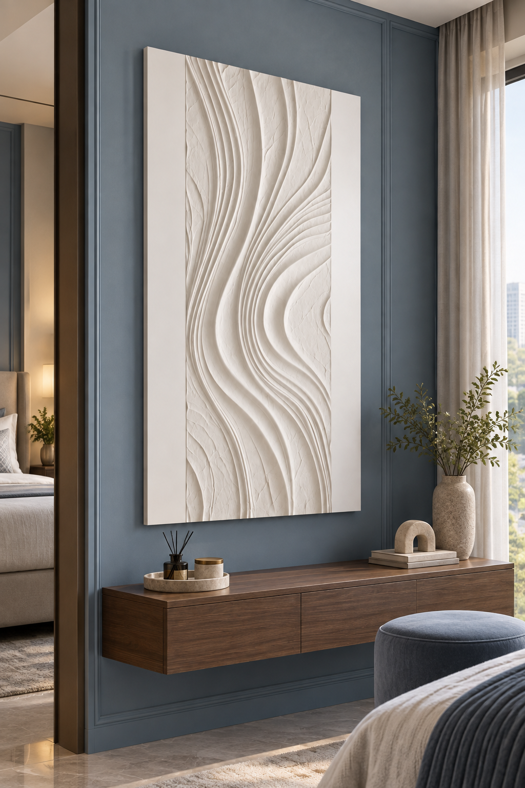 Strata Sway Channels Corian wall panel, left view in a Mumbai bedroom alcove