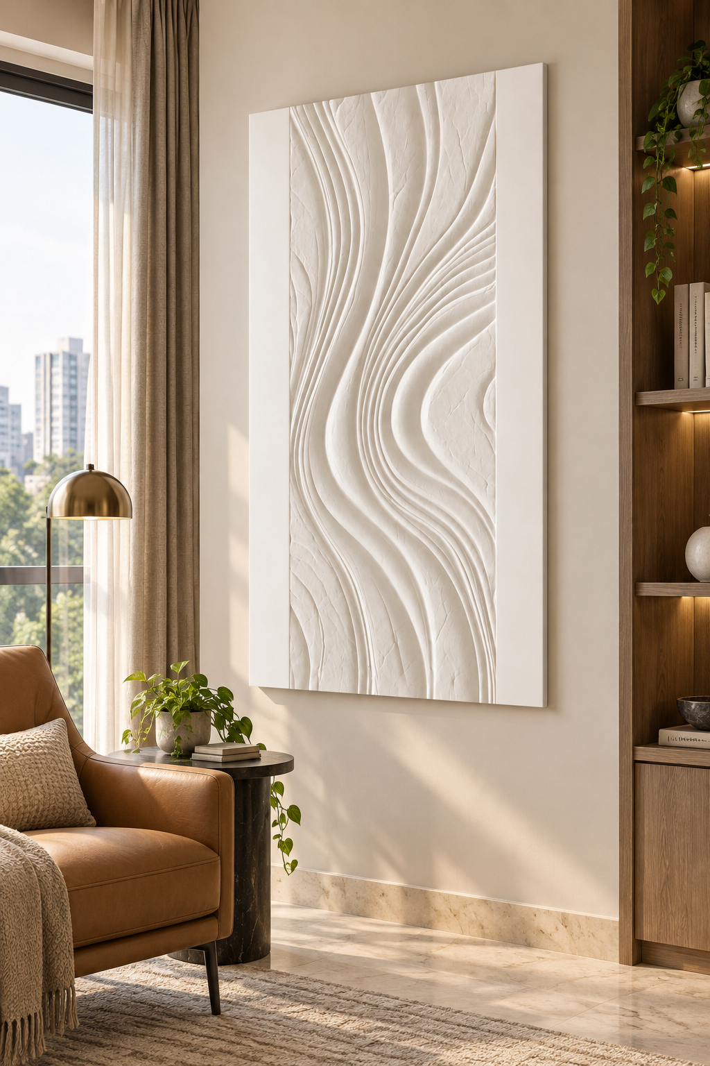 Strata Sway Channels Corian wall panel, right view in a Mumbai reading corner