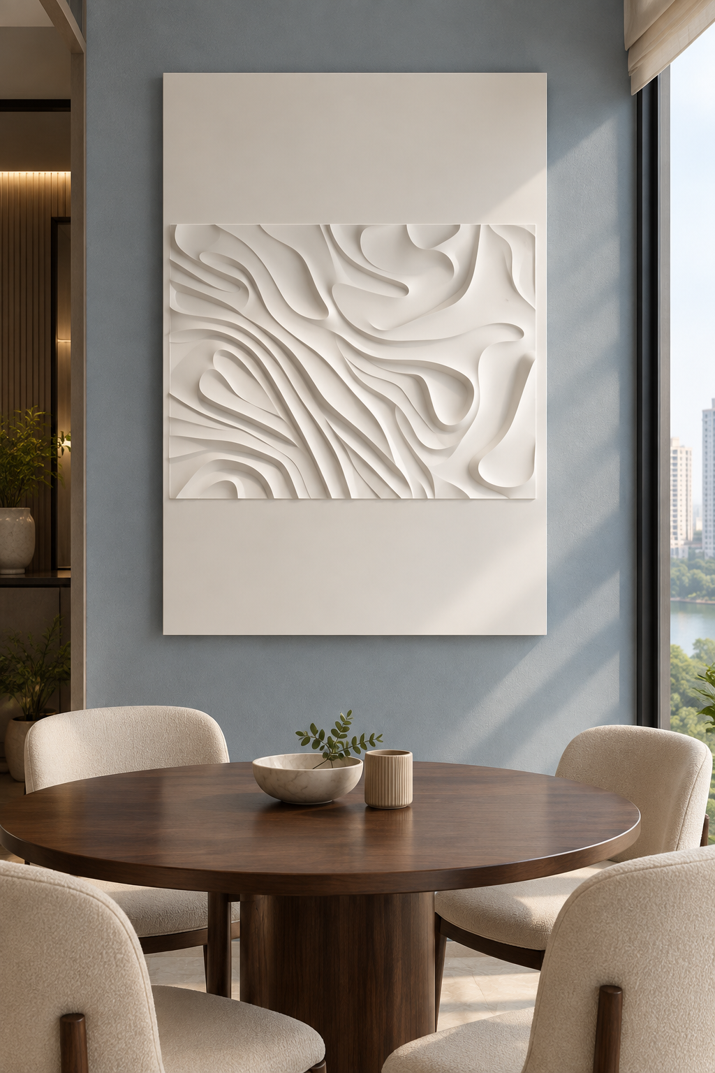 Contour Island Drift Corian wall panel, front view in a Powai dining alcove