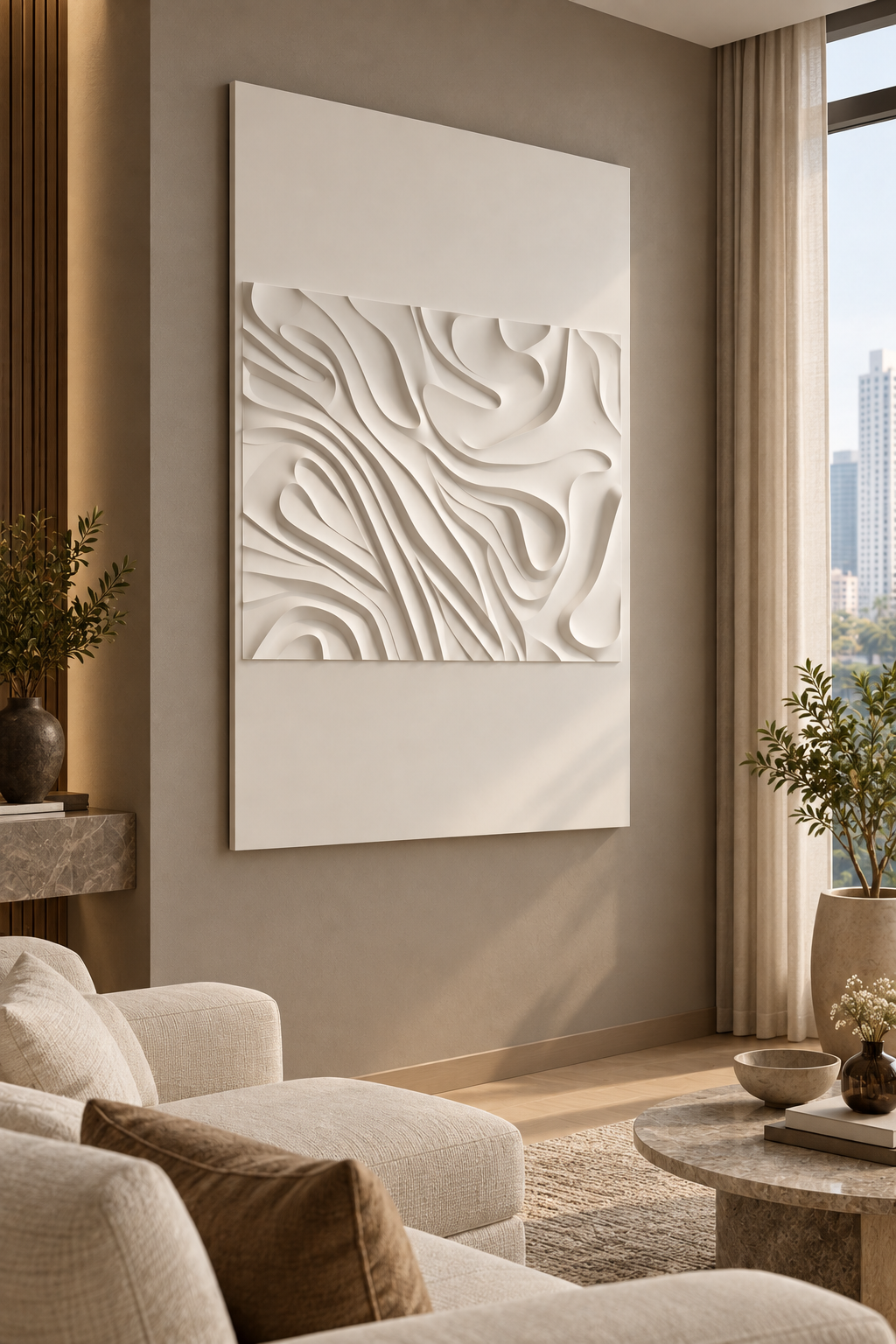 Contour Island Drift Corian wall panel, left view in a Mumbai living room