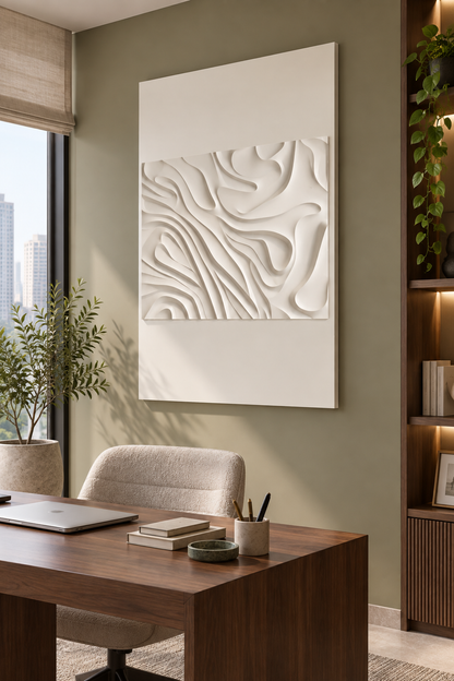 Contour Island Drift Corian wall panel, right view in a Mumbai home office