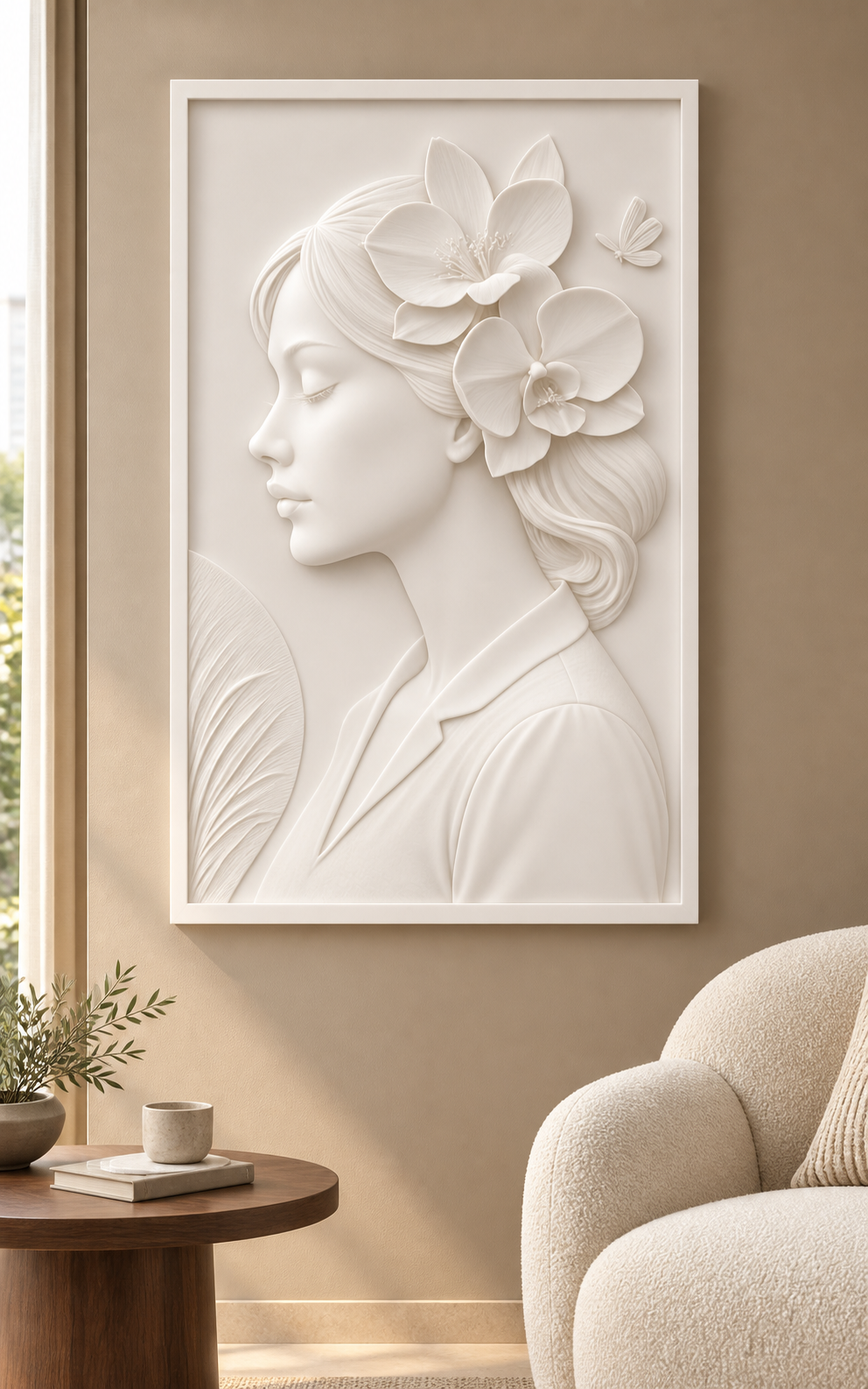 Floral Profile Reverie Corian wall panel, front view in a Bandra apartment reading lounge