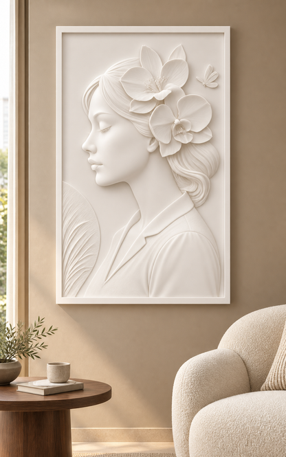 Floral Profile Reverie Corian wall panel, front view in a Bandra apartment reading lounge