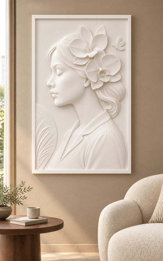 Floral Profile Reverie Corian wall panel, front view in a Bandra apartment reading lounge