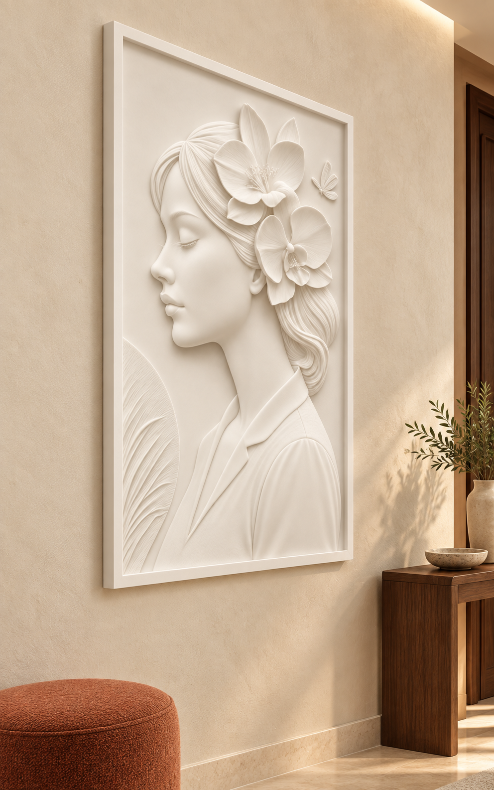 Floral Profile Reverie Corian wall panel, left view in a Juhu apartment entrance foyer