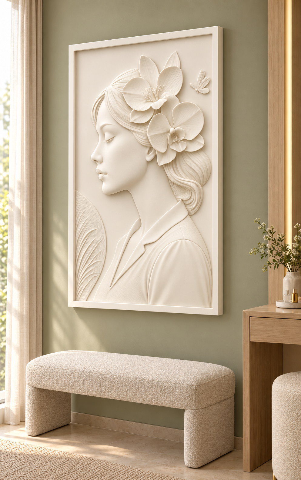 Floral Profile Reverie Corian wall panel, right view in a Powai apartment bedroom dressing alcove
