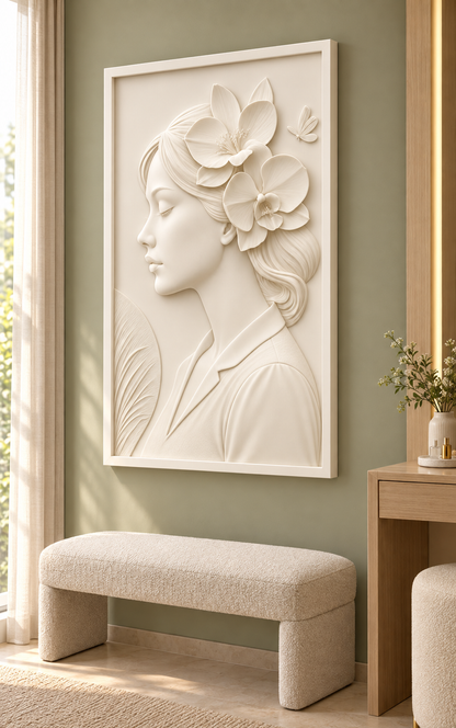 Floral Profile Reverie Corian wall panel, right view in a Powai apartment bedroom dressing alcove