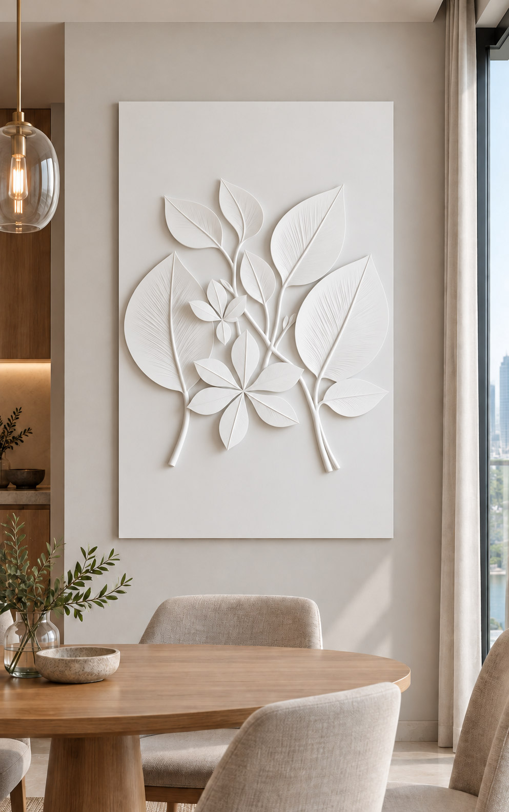 Layered Leaf Branches Corian wall panel, front view in a Worli apartment dining alcove