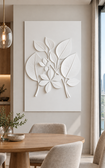 Layered Leaf Branches Corian wall panel, front view in a Worli apartment dining alcove