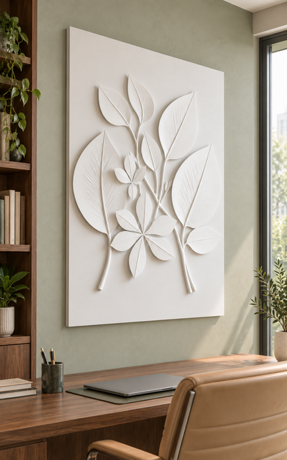 Layered Leaf Branches Corian wall panel, left view in a Chembur apartment home office