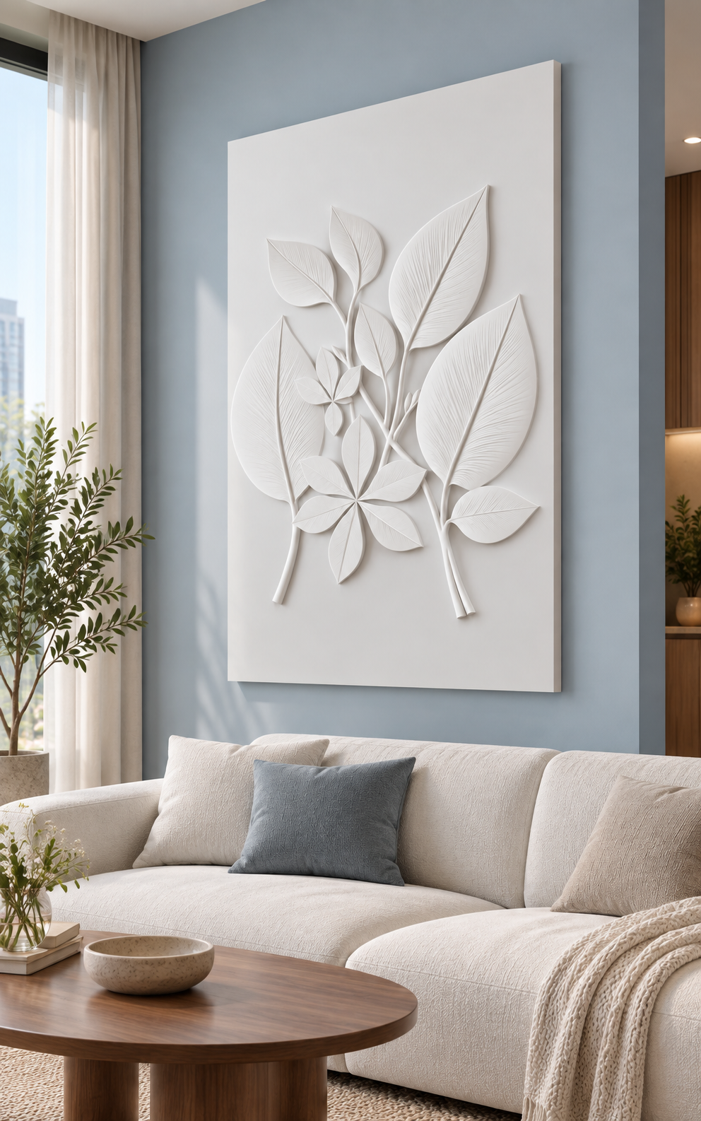 Layered Leaf Branches Corian wall panel, right view in a Santacruz apartment family lounge