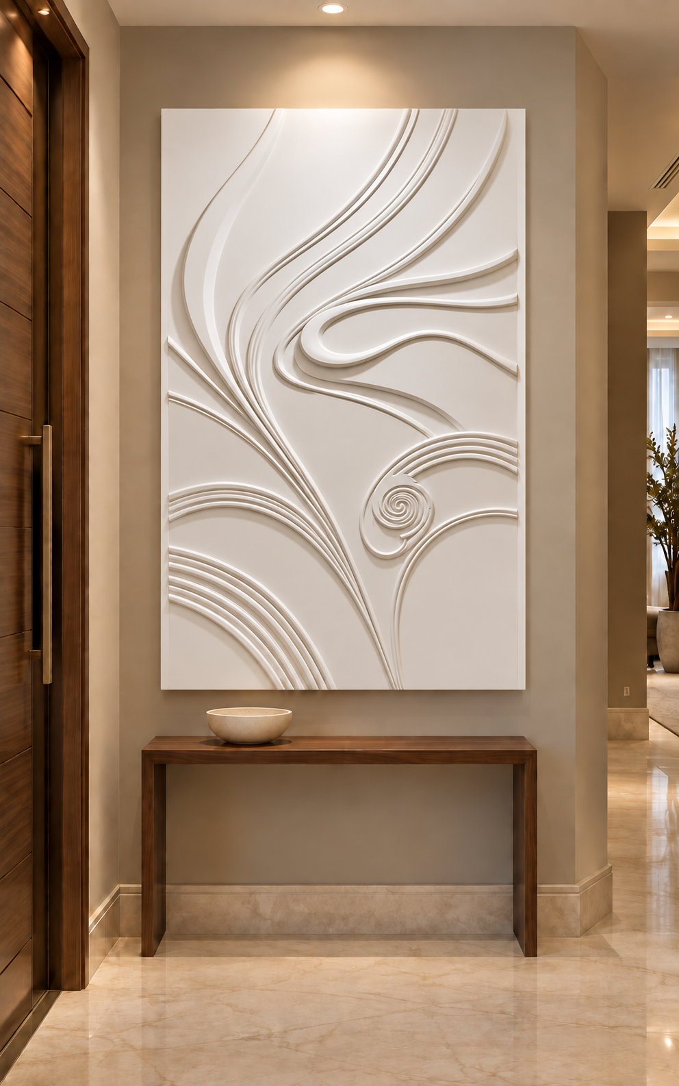 Scroll and Spiral Rise Corian wall panel, front view in a Malabar Hill apartment entrance gallery