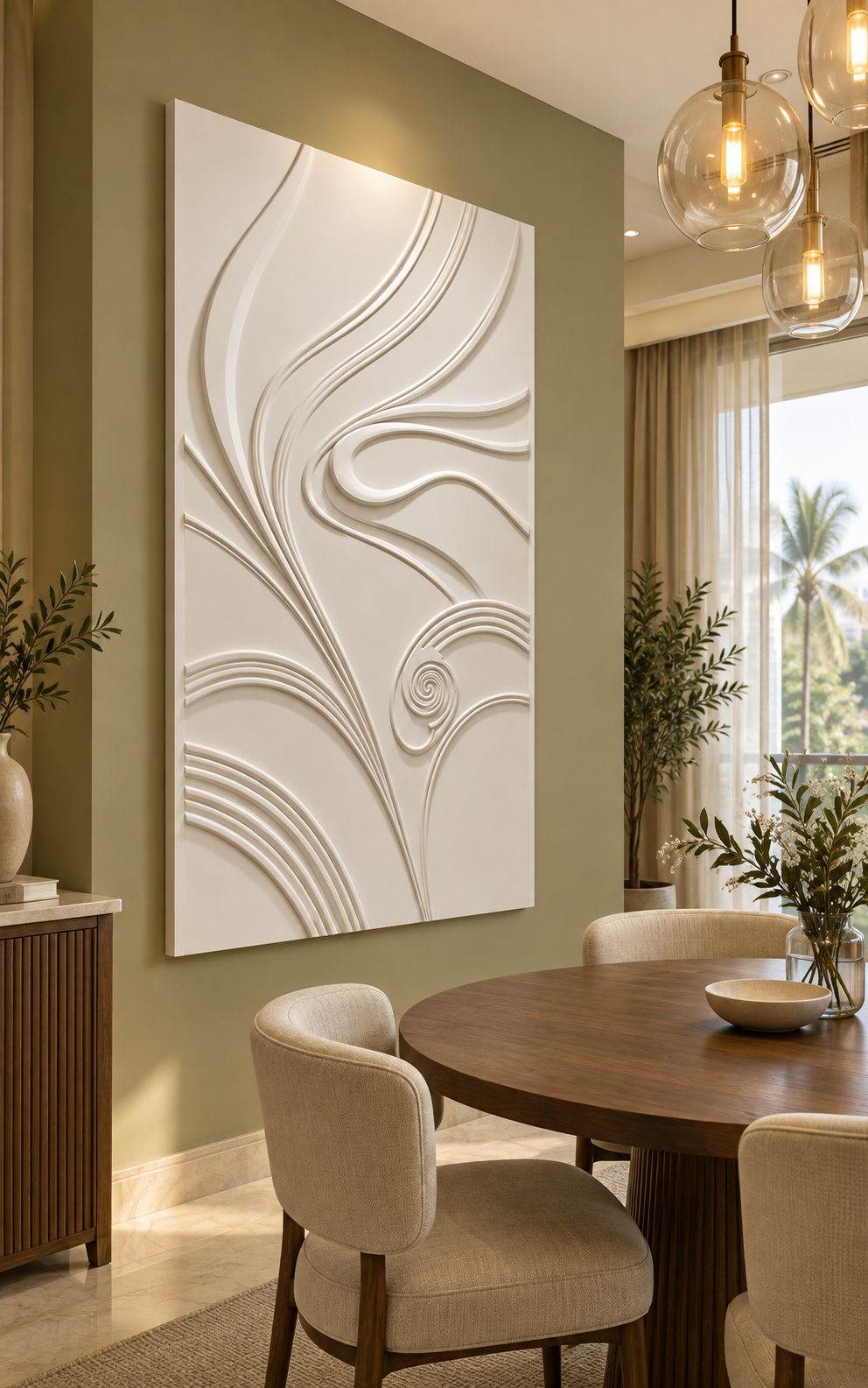 Scroll and Spiral Rise Corian wall panel, left view in a Juhu apartment dining room