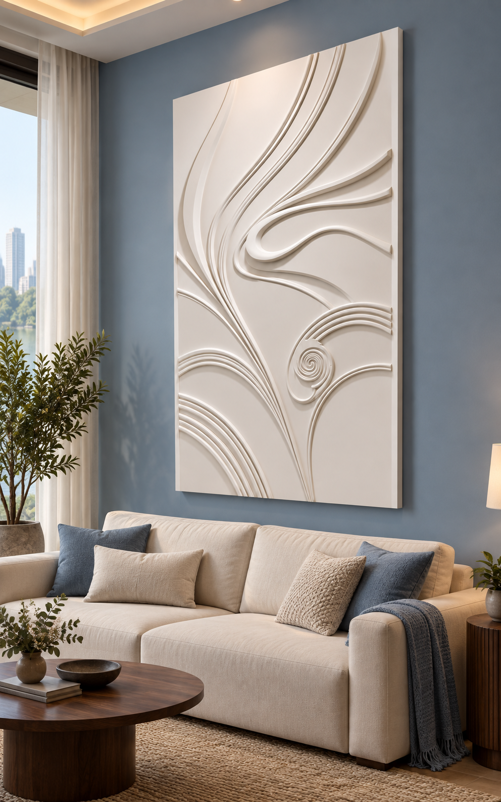 Scroll and Spiral Rise Corian wall panel, right view in a Powai apartment living room