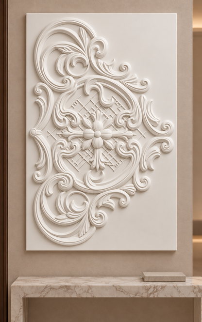 Acanthus Lattice Crest satin white Corian wall panel, front view in a warm taupe Mumbai entrance foyer with a low marble console.