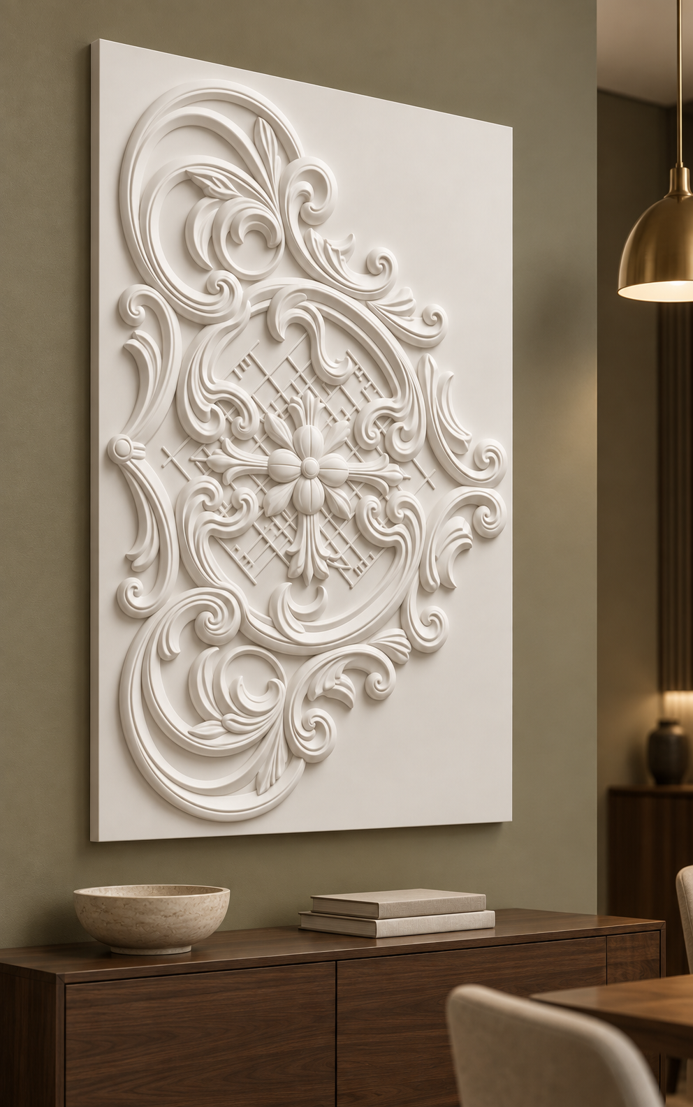 Acanthus Lattice Crest satin white Corian wall panel, left view in a muted olive Mumbai dining alcove with a walnut sideboard.