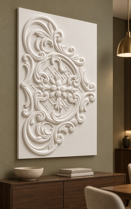 Acanthus Lattice Crest satin white Corian wall panel, left view in a muted olive Mumbai dining alcove with a walnut sideboard.