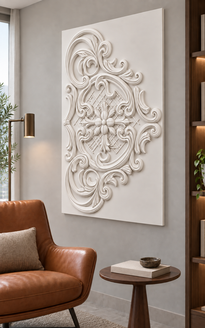 Acanthus Lattice Crest satin white Corian wall panel, right view in a pale grey Mumbai reading room with a cognac lounge chair.