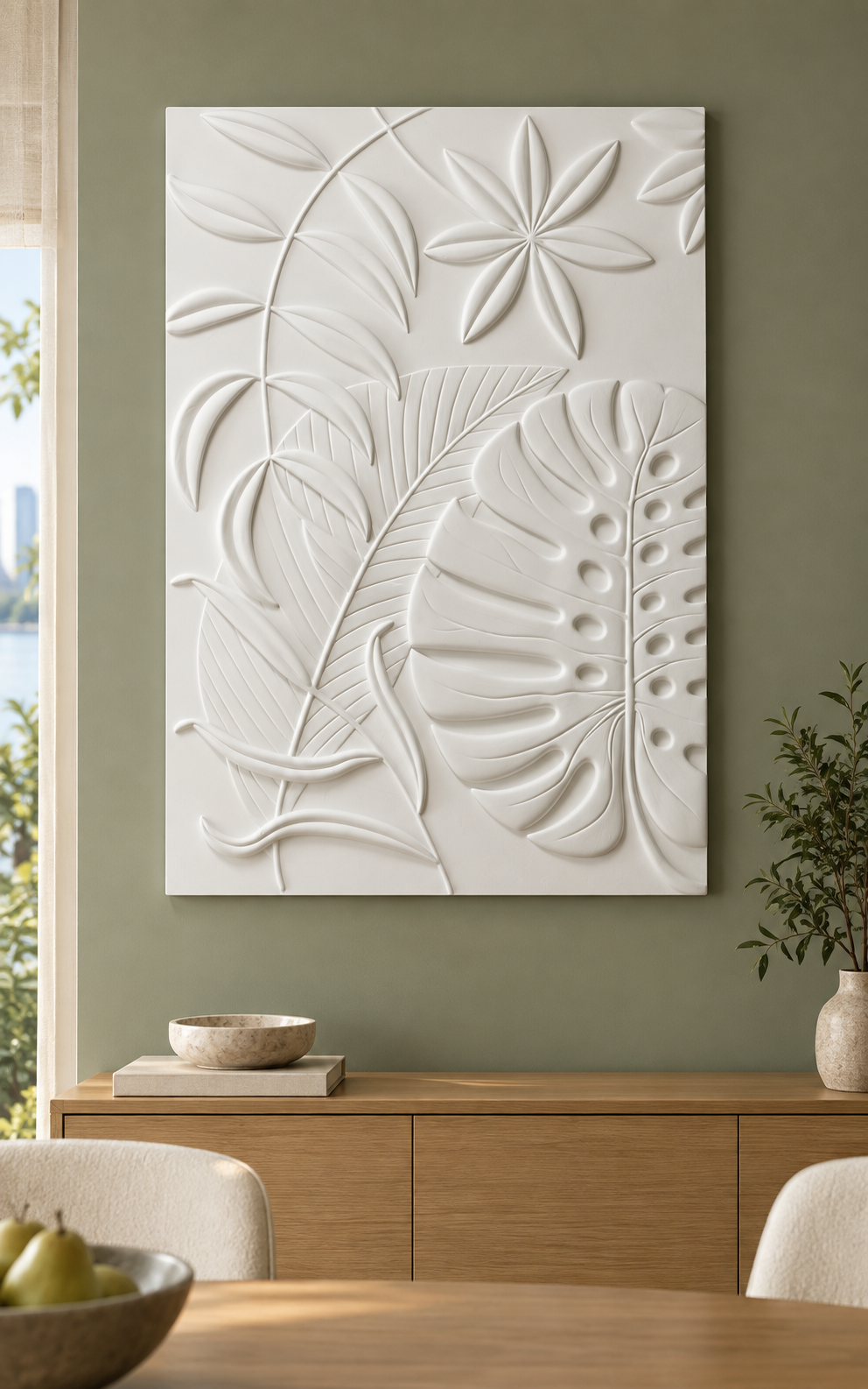 Monstera Lance Leaf Tapestry Corian wall panel, front view in a Powai apartment dining nook with a muted sage wall and low oak sideboard