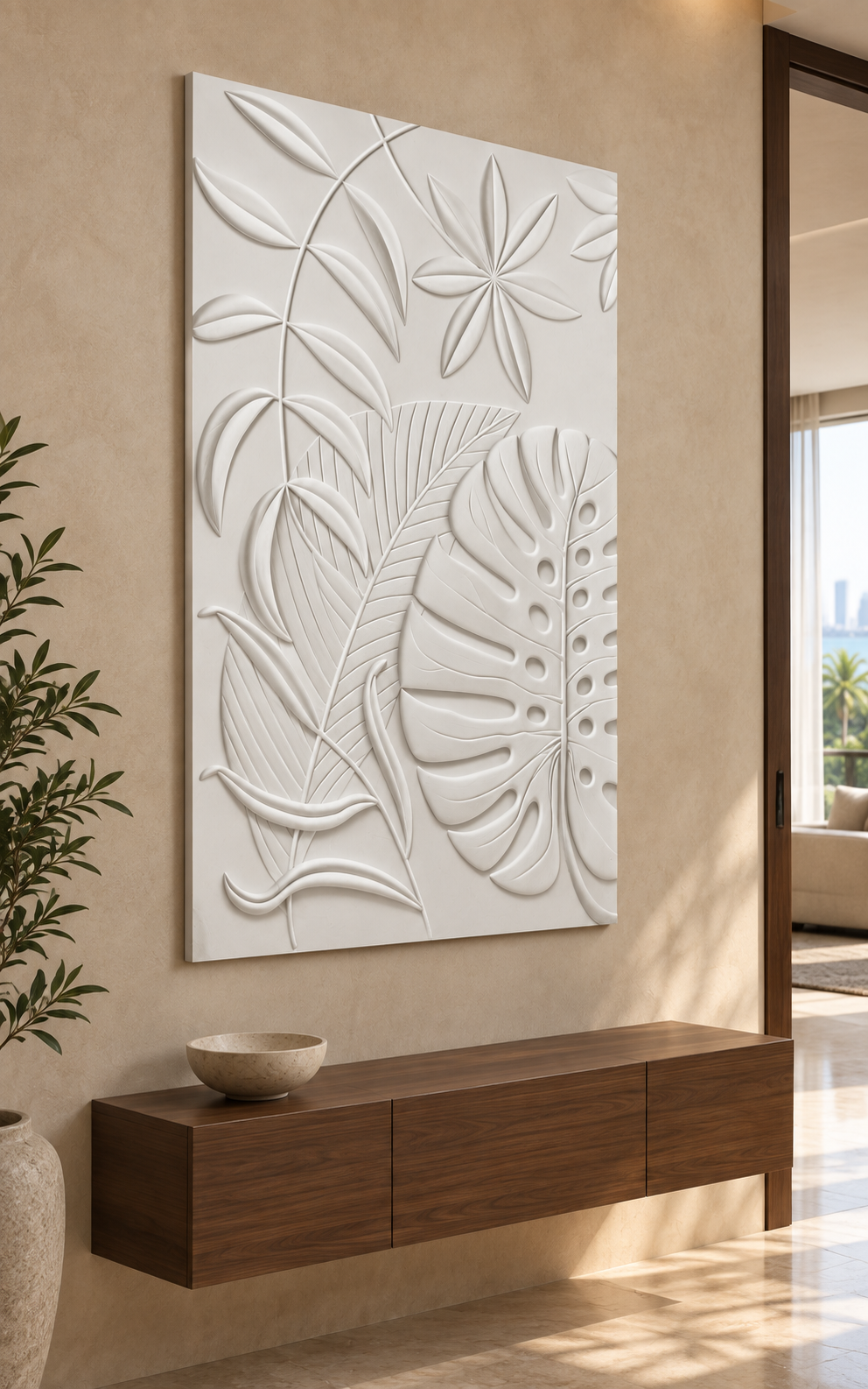 Monstera Lance Leaf Tapestry Corian wall panel, left view in a Juhu apartment entrance foyer with a warm sand wall and floating walnut console