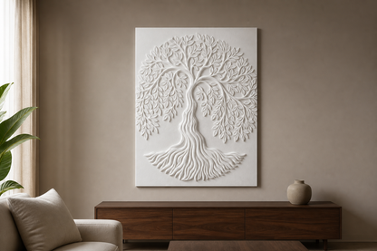 Rooted Canopy white Corian wall panel front view in premium Mumbai family living room with muted clay wall