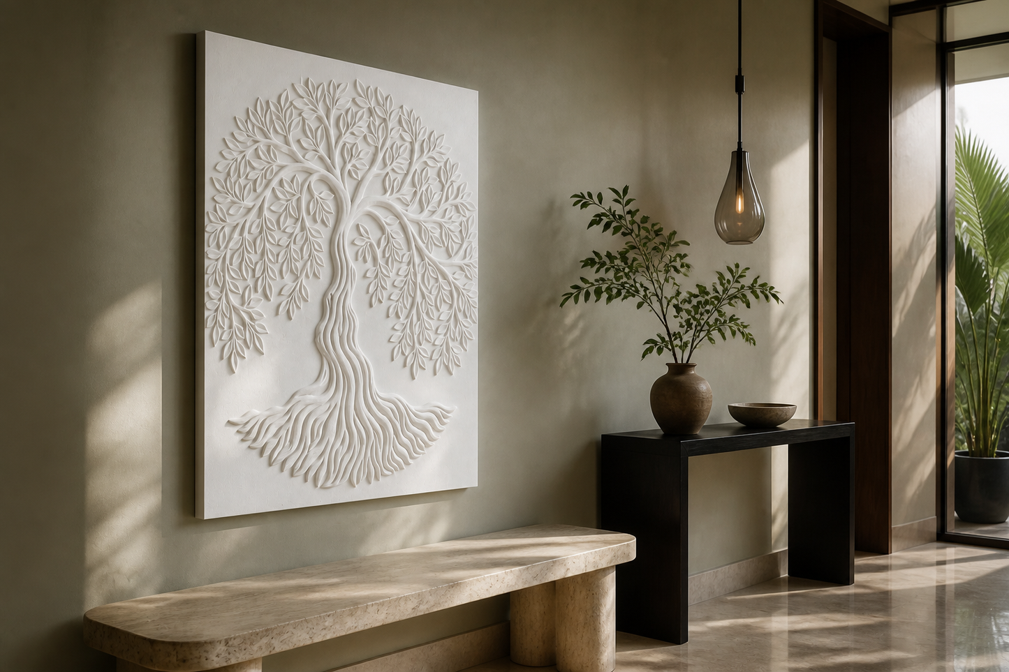 Rooted Canopy white Corian wall panel left angle in calm Mumbai foyer with pale olive wall