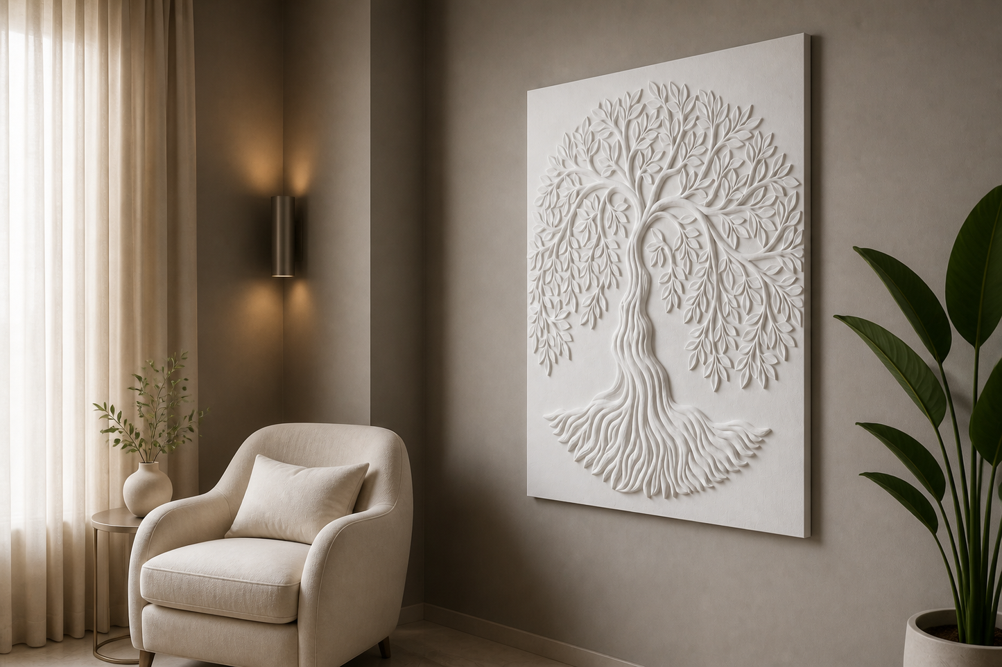 Rooted Canopy white Corian wall panel right angle in refined Mumbai reading nook with warm grey wall
