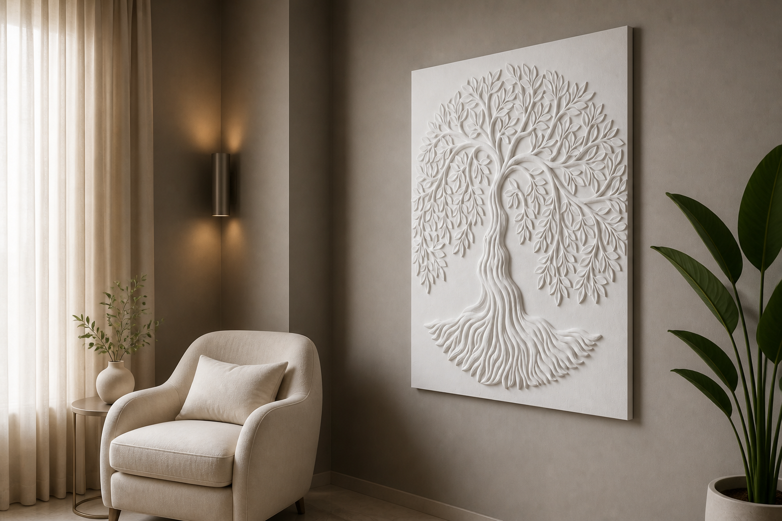 Rooted Canopy white Corian wall panel right angle in refined Mumbai reading nook with warm grey wall