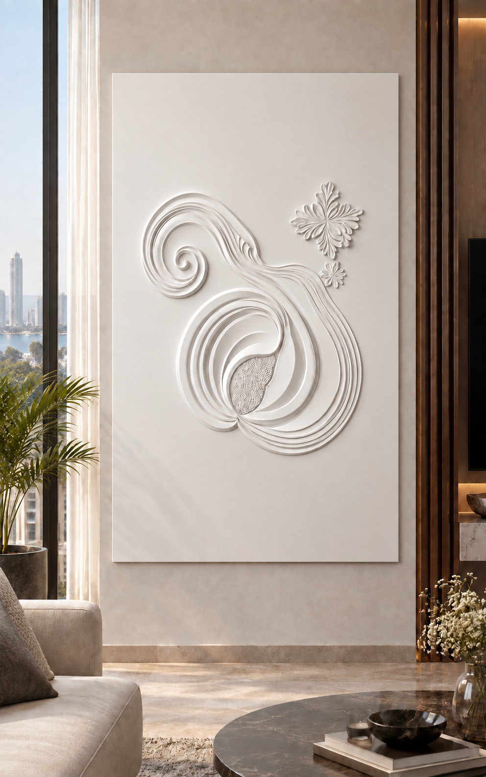 Spiral Seed Flourish Corian wall panel, front view in a Worli living room, with shallow satin white relief