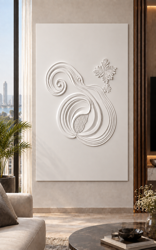 Spiral Seed Flourish Corian wall panel, front view in a Worli living room, with shallow satin white relief