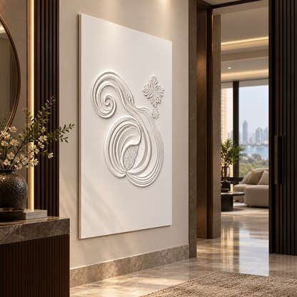 Spiral Seed Flourish Corian wall panel, left view in a Powai entrance foyer, with shallow satin white relief