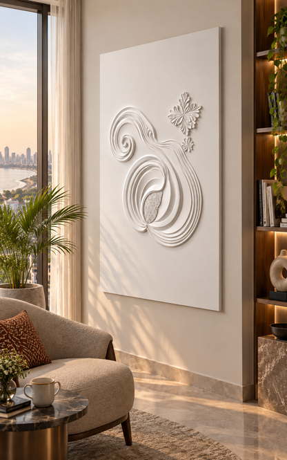 Spiral Seed Flourish Corian wall panel, right view in a Bandra reading corner, with shallow satin white relief