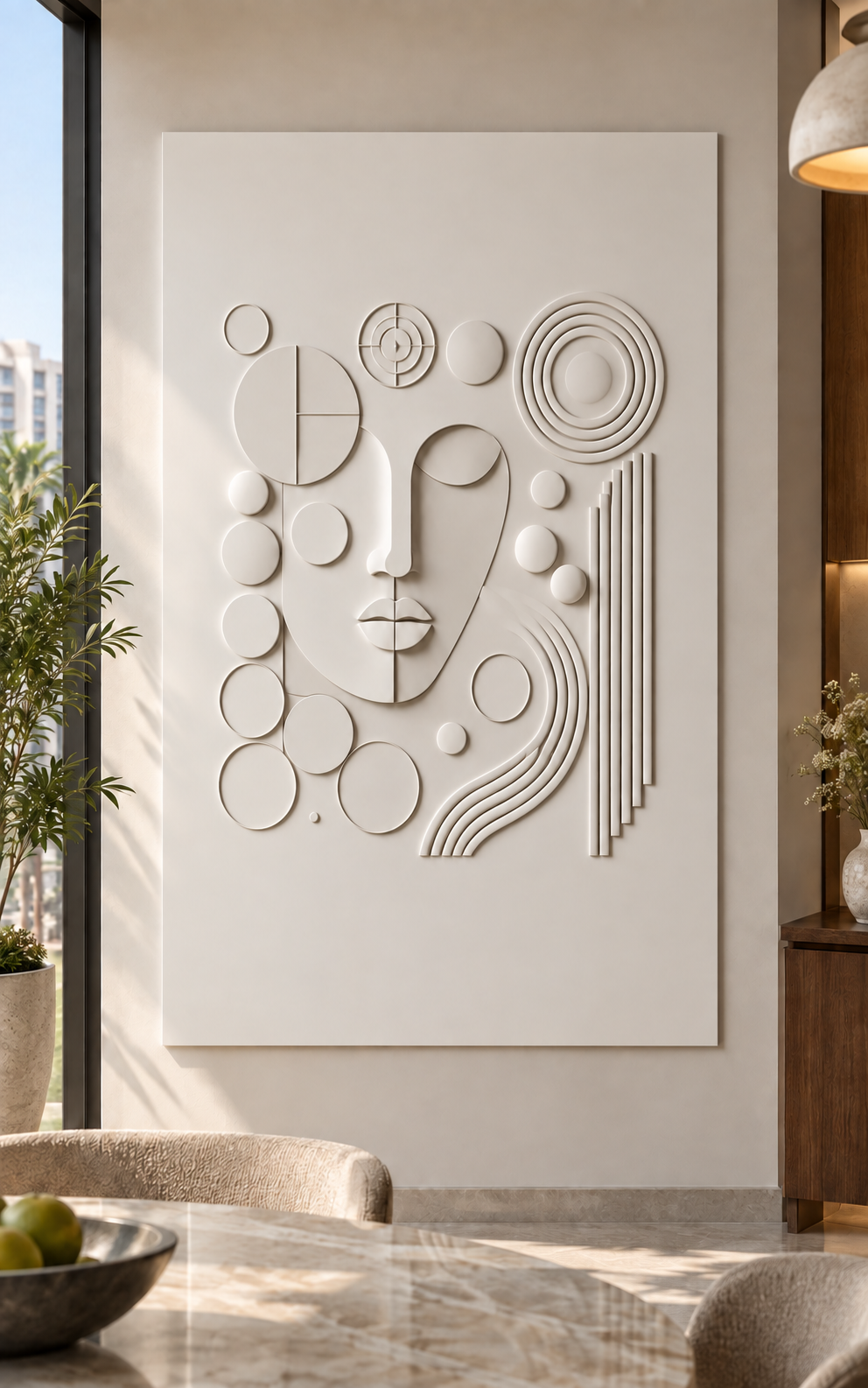 Geometric Mask Orbit Corian wall panel, front view in a Bandra dining alcove, with shallow satin white relief