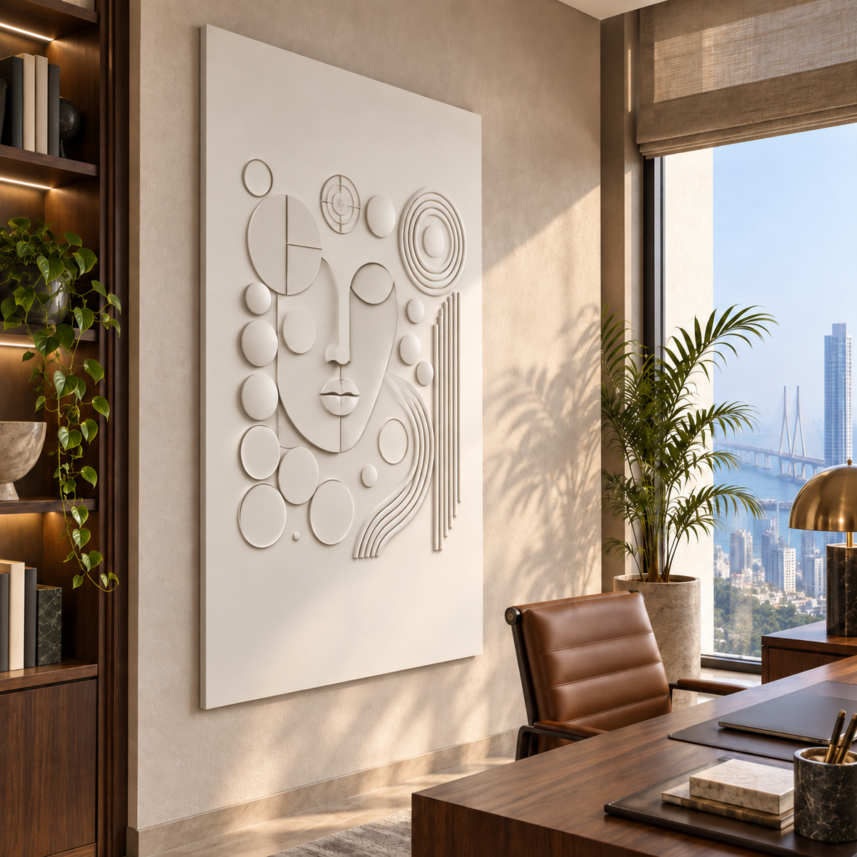 Geometric Mask Orbit Corian wall panel, left view in a Worli home study, with shallow satin white relief