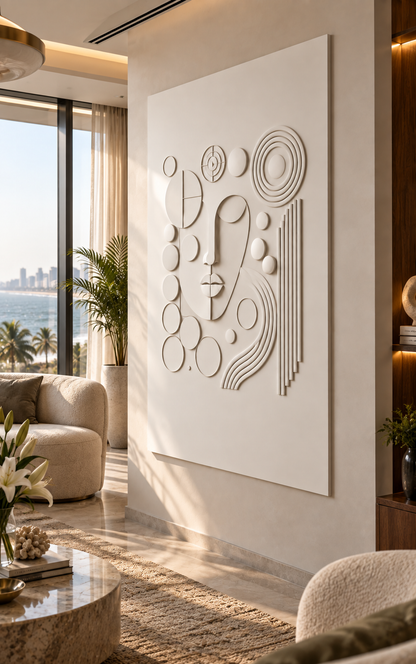 Geometric Mask Orbit Corian wall panel, right view in a Juhu lounge, with shallow satin white relief