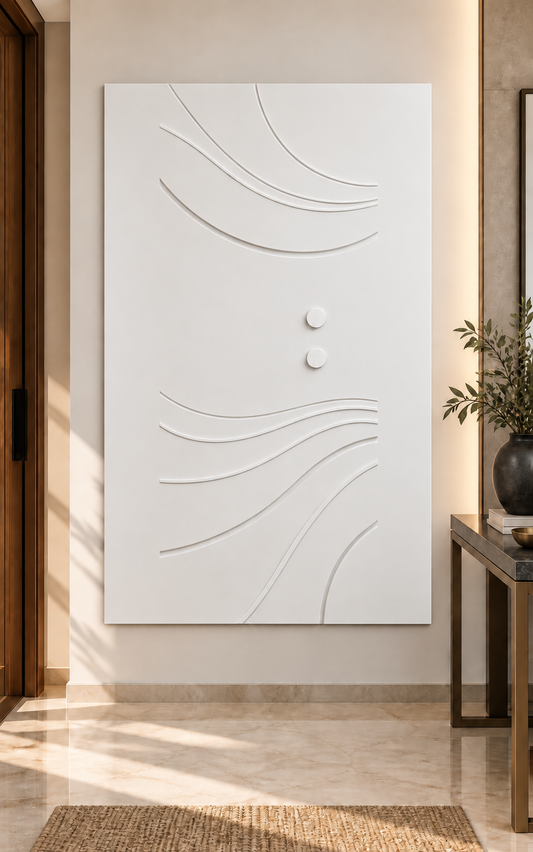Twin Dot Current Corian wall panel, front view in a Powai entrance foyer, with shallow satin white relief