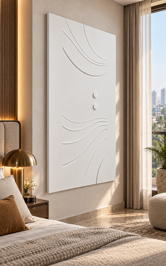 Twin Dot Current Corian wall panel, left view in a Bandra bedroom alcove, with shallow satin white relief