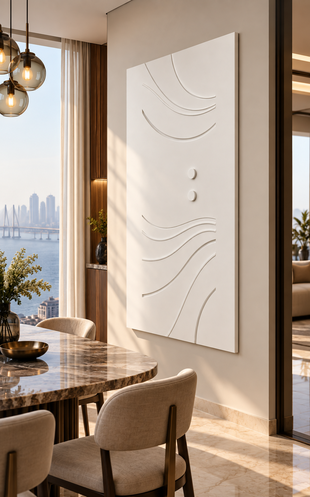 Twin Dot Current Corian wall panel, right view in a Worli dining nook, with shallow satin white relief