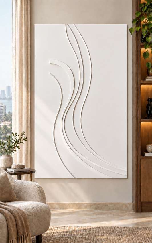 Crescent Sway Channels Corian wall panel, front view in a Juhu reading corner, with shallow satin white relief