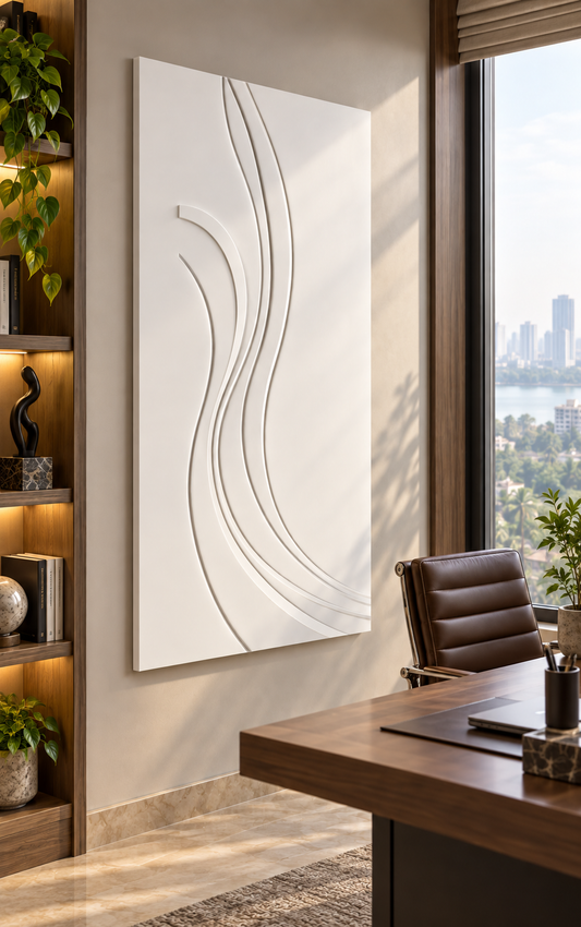 Crescent Sway Channels Corian wall panel, left view in a Powai home office, with shallow satin white relief